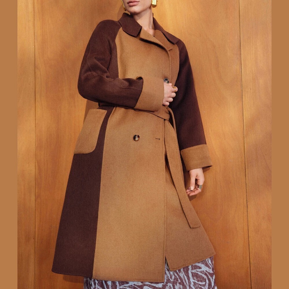 Camel and Brown Colorblock Wool-Blend Belted Knee Length Coat
